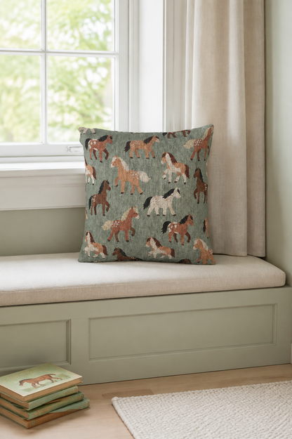 Horse woven pillow on a cushioned window seat in soft daylight