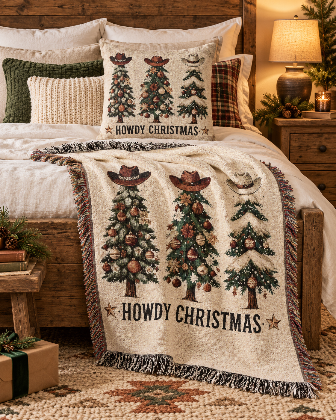 Howdy Christmas woven blanket and matching cowboy Christmas pillow on a bed
