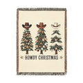 Howdy Christmas woven blanket with three cowboy hat Christmas trees in cream, green and terracotta