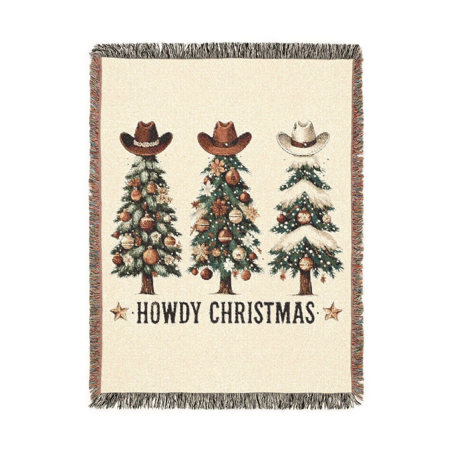 Howdy Christmas woven blanket with three cowboy hat Christmas trees in cream, green and terracotta