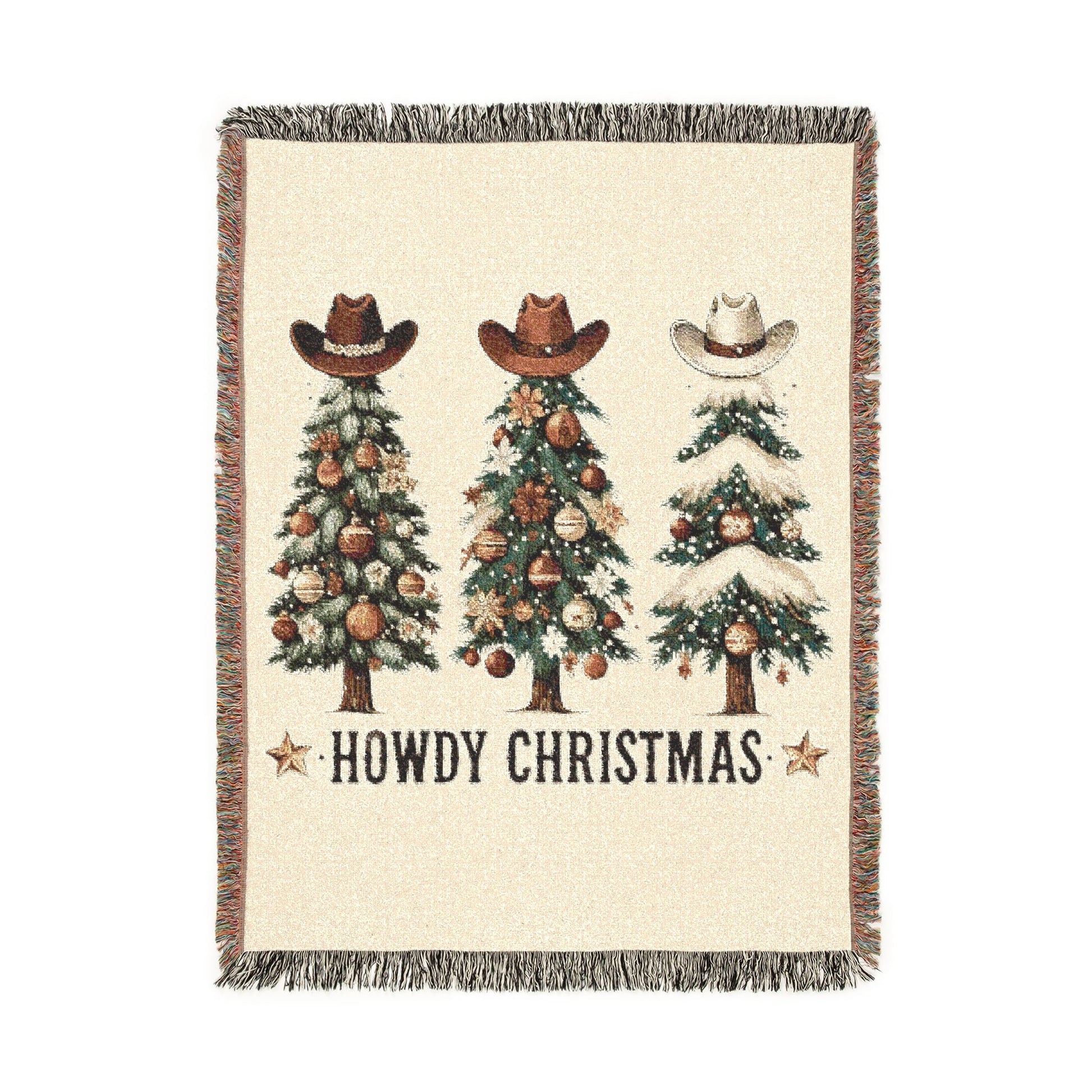Howdy Christmas woven blanket with three cowboy hat Christmas trees in cream, green and terracotta