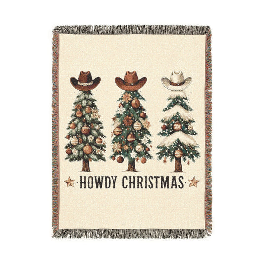 Howdy Christmas woven blanket with three cowboy hat Christmas trees in cream, green and terracotta