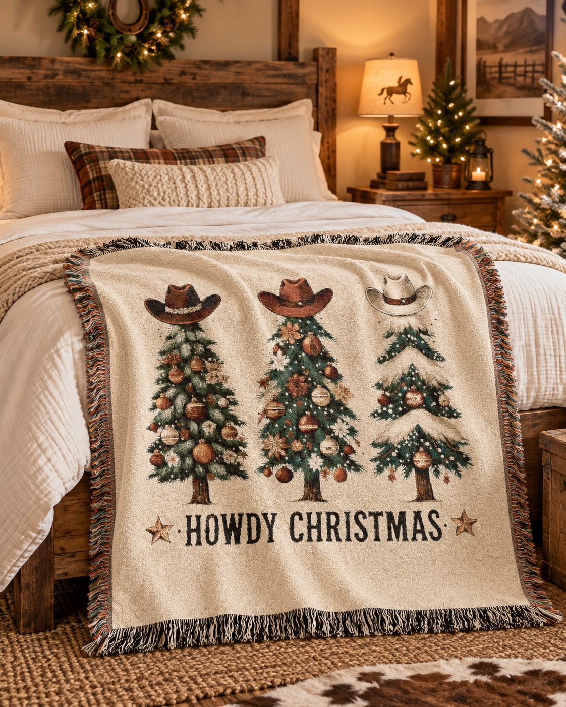 Howdy Christmas woven blanket layered across a bed in a cozy Christmas bedroom