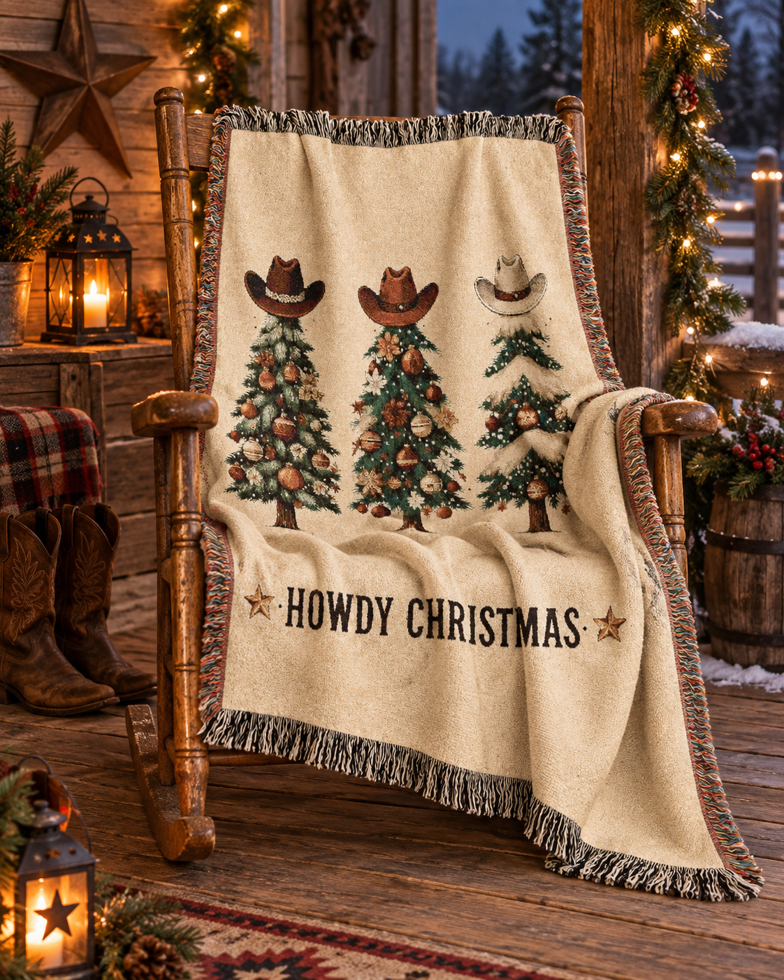 Western Christmas woven blanket in a warm candlelit room