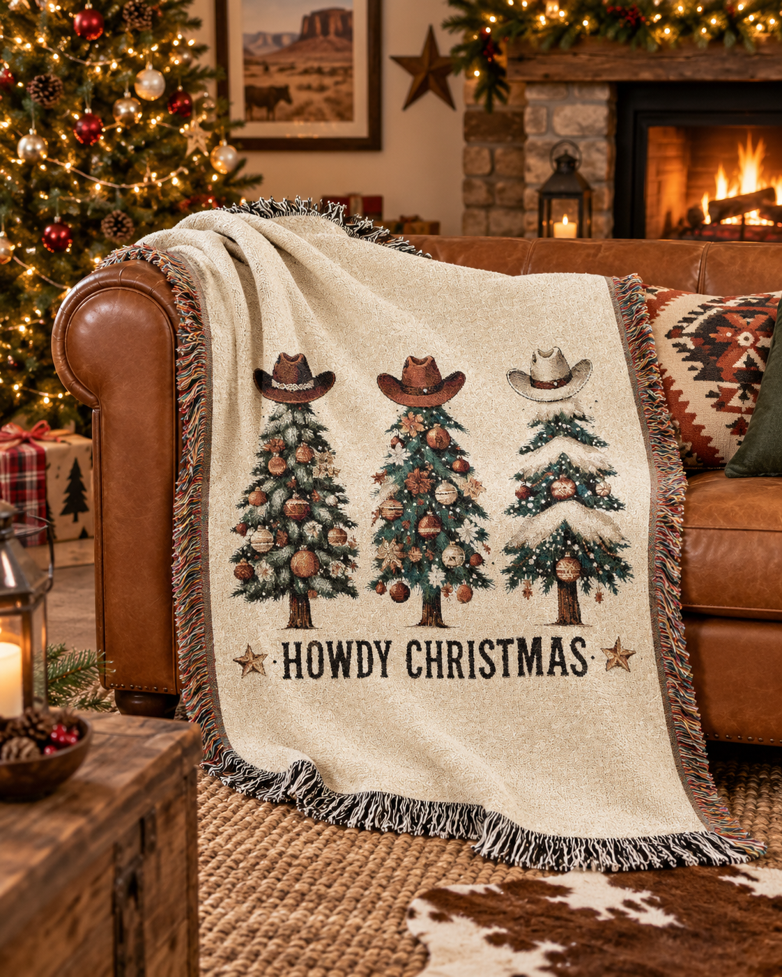 Howdy Christmas woven blanket draped over a brown leather armchair beside a lit Christmas tree