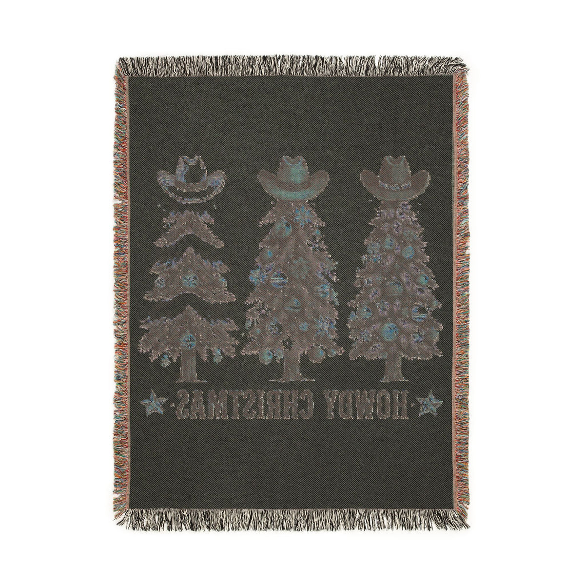 Reverse side of the Howdy Christmas woven blanket showing the inverted cowboy tree pattern