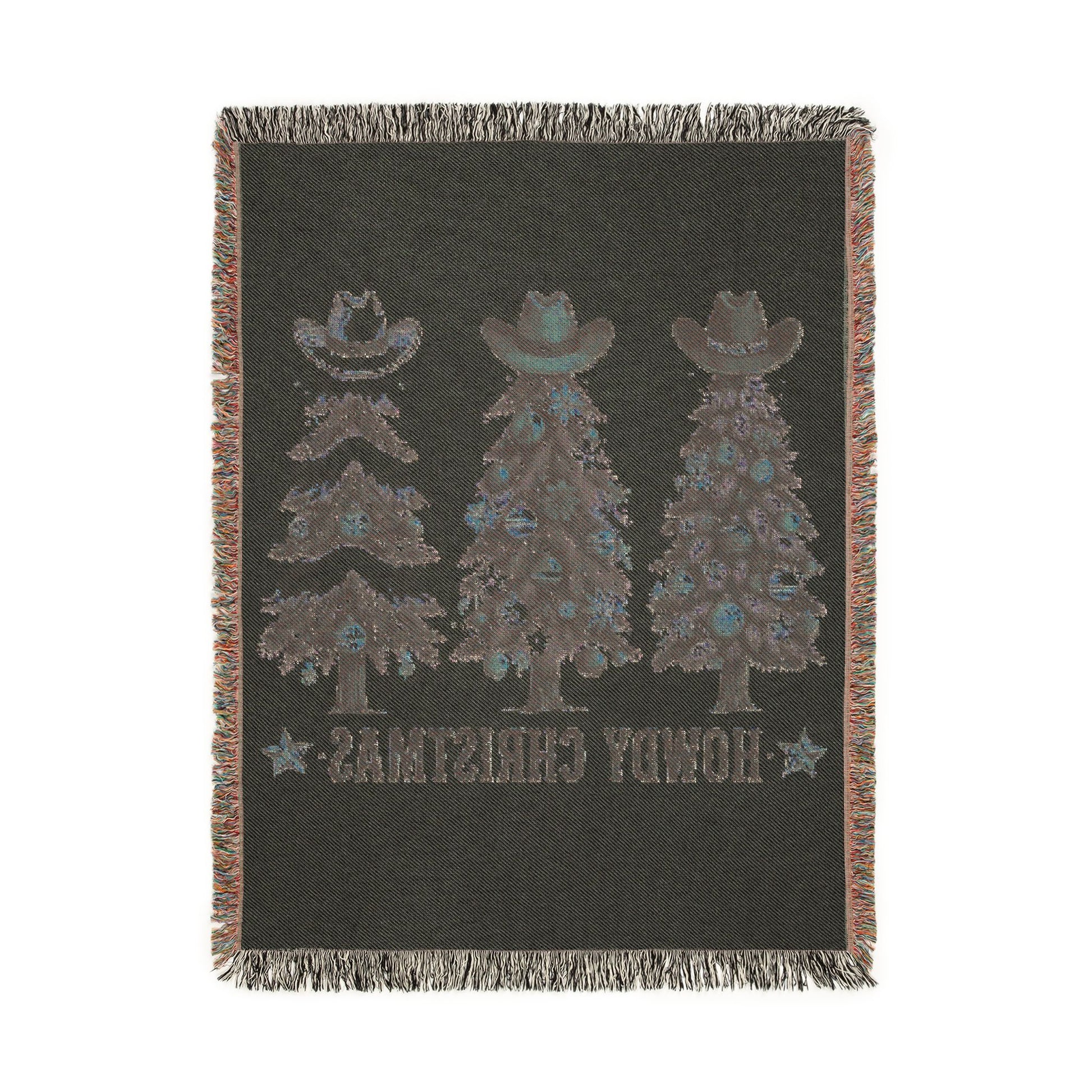 Reverse side of the Howdy Christmas woven blanket showing the inverted cowboy tree pattern