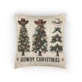 Howdy Christmas woven pillow with cowboy hat Christmas trees in cream and terracotta