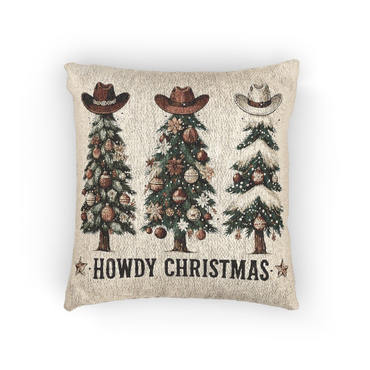 Howdy Christmas woven pillow with cowboy hat Christmas trees in cream and terracotta