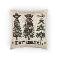 Howdy Christmas woven pillow with cowboy hat Christmas trees in cream and terracotta