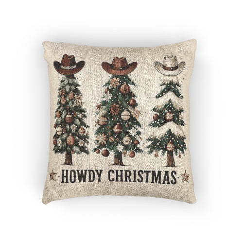 Howdy Christmas woven pillow with cowboy hat Christmas trees in cream and terracotta