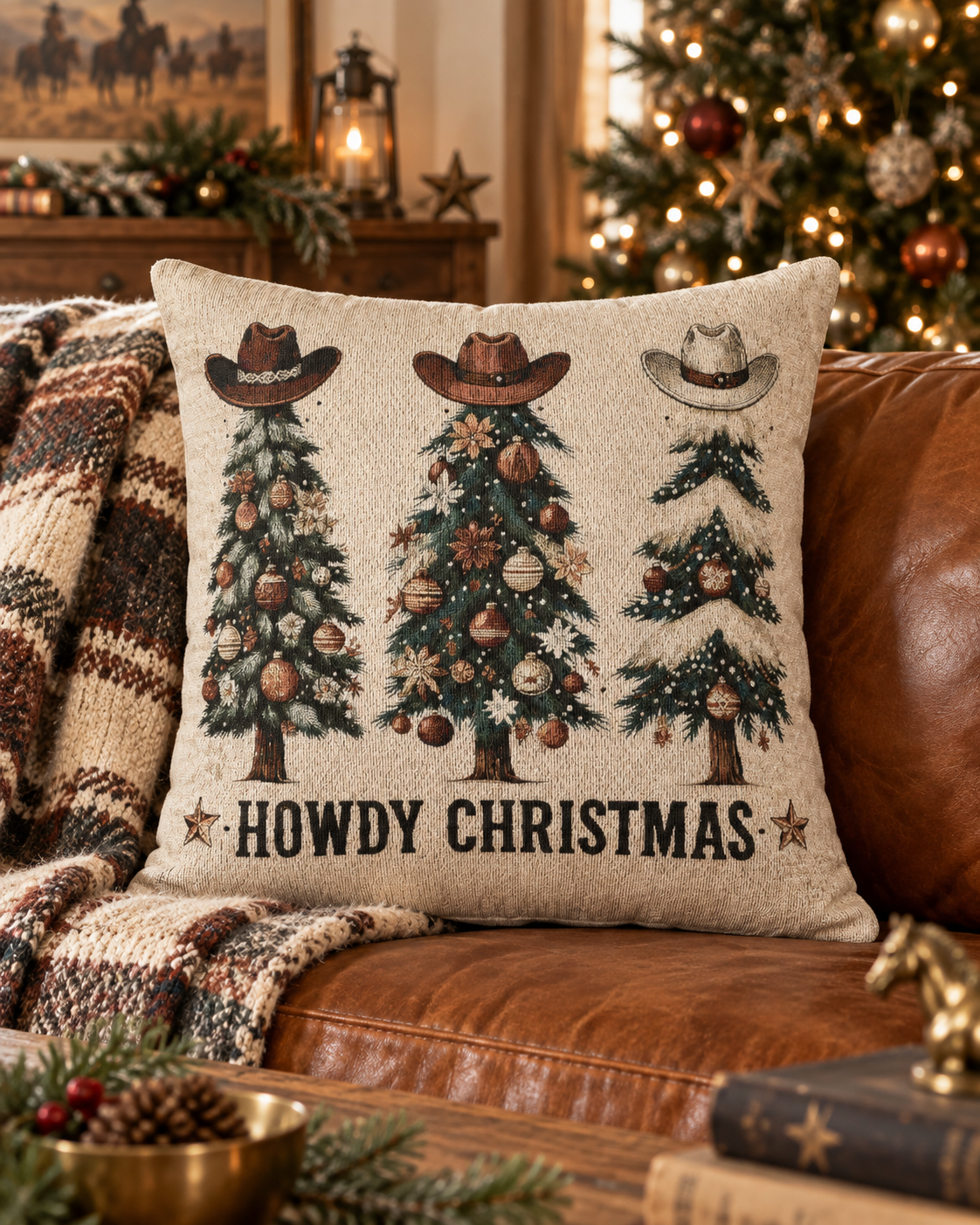 Howdy Christmas woven pillow on a brown leather sofa beside a lit Christmas tree