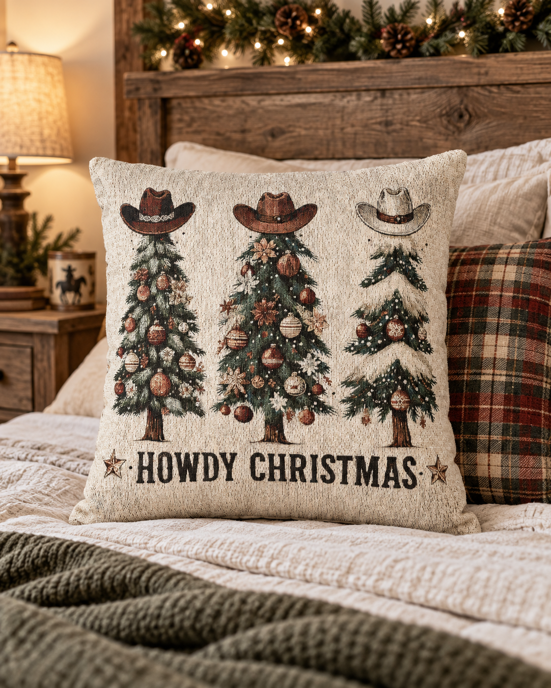 Howdy Christmas woven pillow layered with plaid and green cushions on a bed