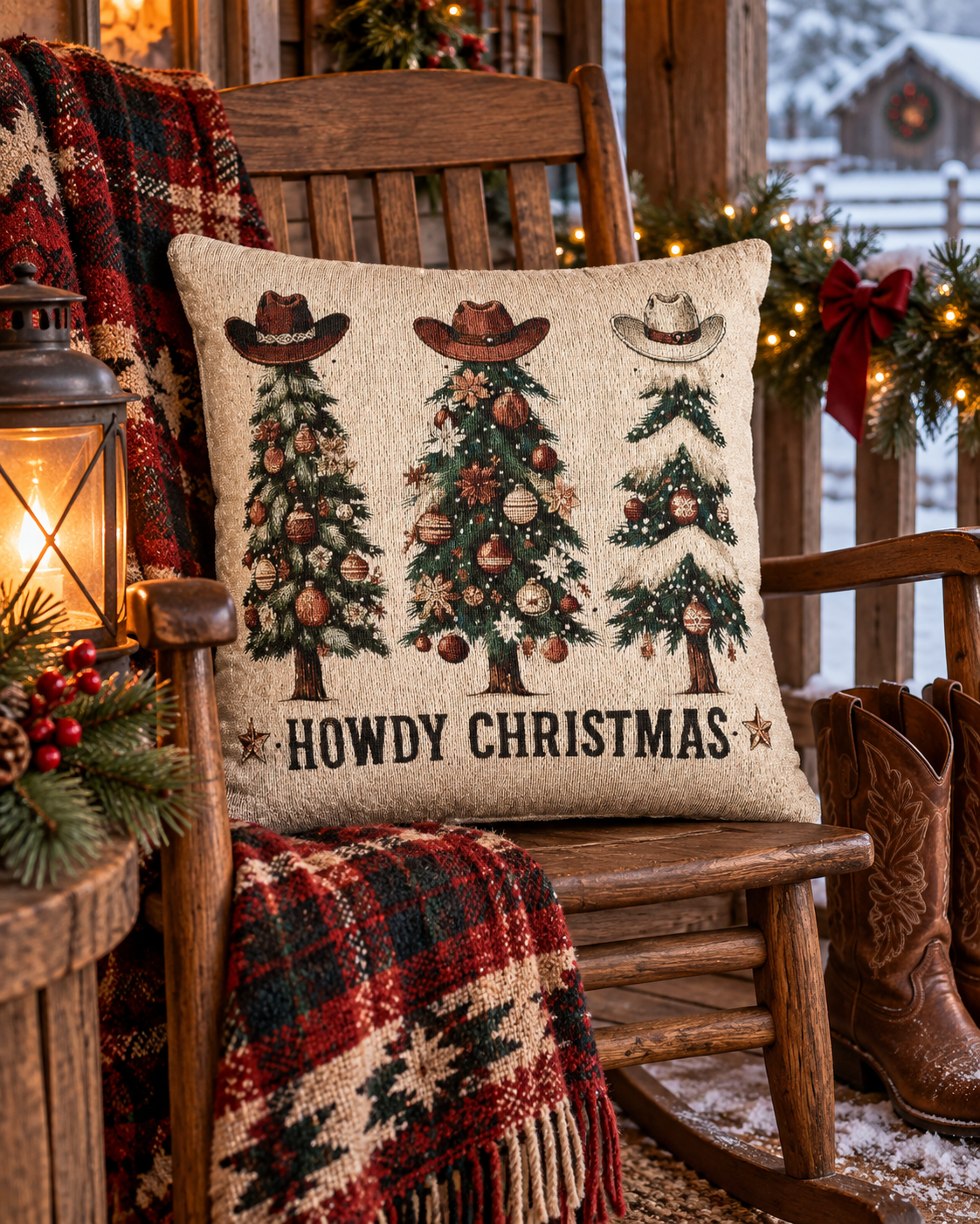 Howdy Christmas woven pillow on a wooden chair with a red plaid blanket and Christmas greenery