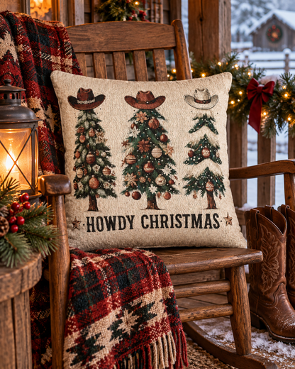 Howdy Christmas woven pillow on a wooden chair with a red plaid blanket and Christmas greenery