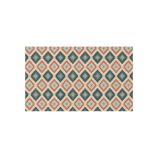 Kilim Diamond outdoor rug with terracotta, teal and navy diamonds on cream, shown flat