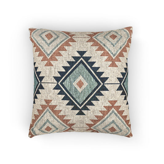 Kilim Diamond woven pillow with terracotta, teal and navy diamonds on cream, front view