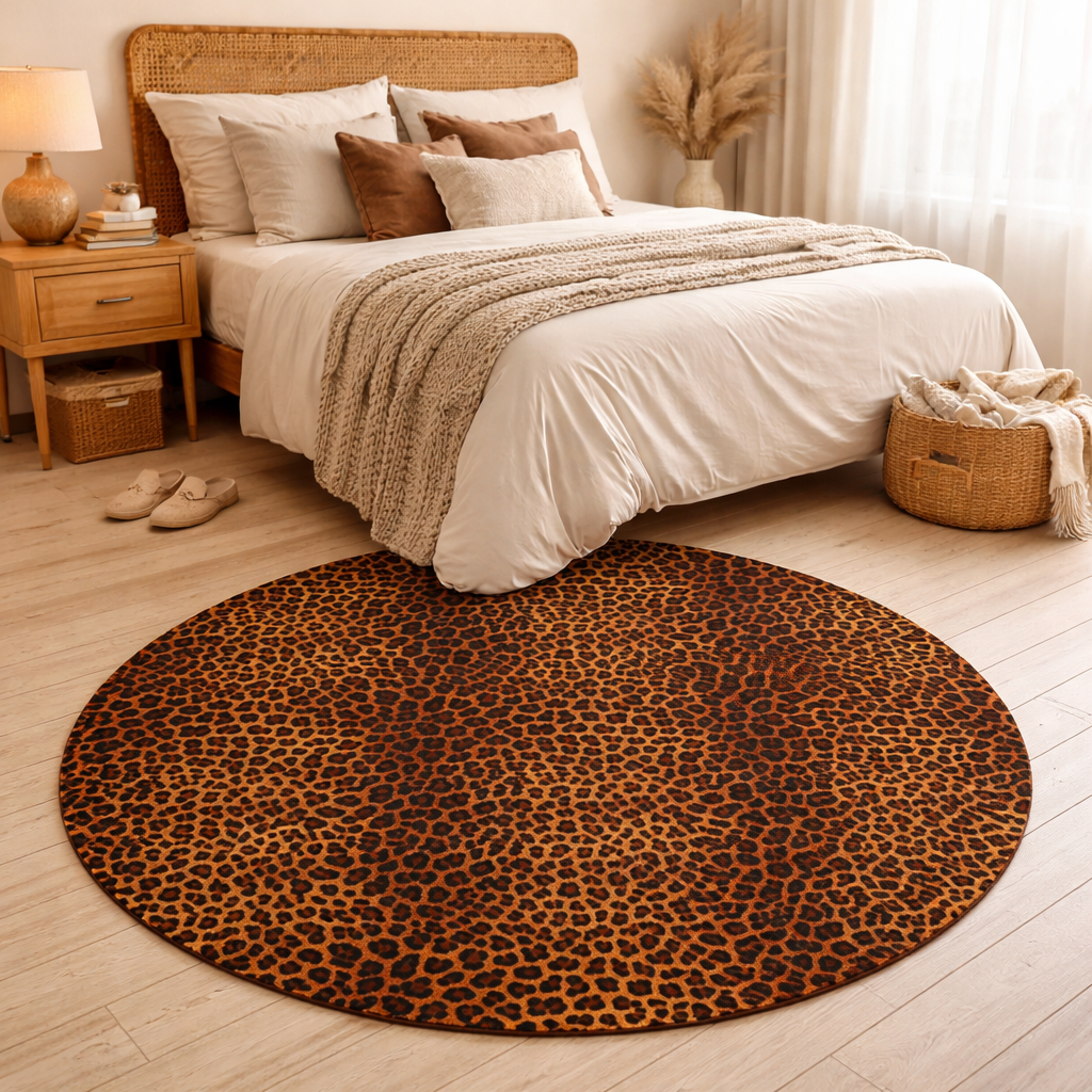 Leopard round rug beside a bed with cream linens and a woven basket