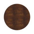 Leopard round rug in warm brown and black leopard print, shown flat