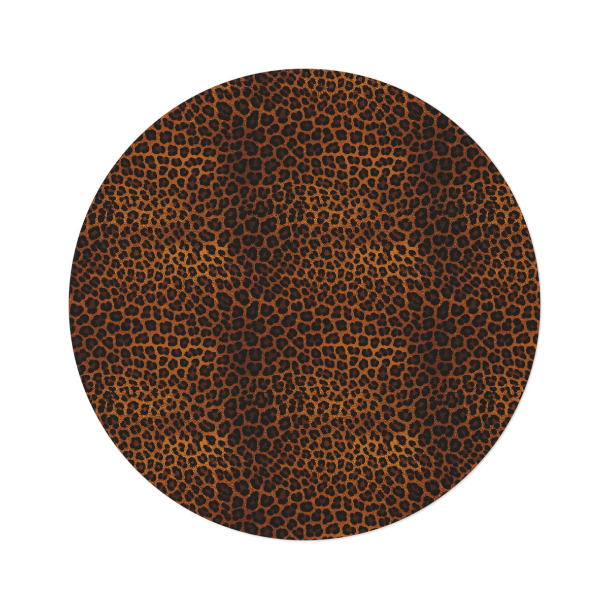 Leopard round rug in warm brown and black leopard print, shown flat