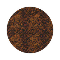 Leopard round rug in warm brown and black leopard print, shown flat
