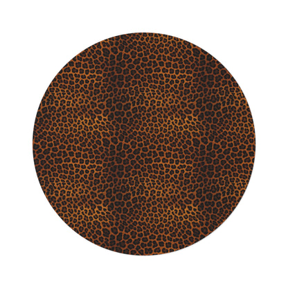 Leopard round rug in warm brown and black leopard print, shown flat