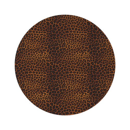 Leopard round rug in warm brown and black leopard print, shown flat