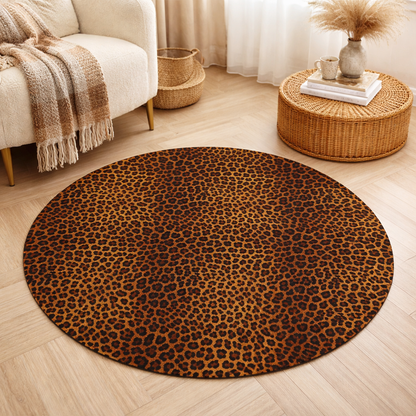 Leopard round rug in a living room with a cream armchair and round side table