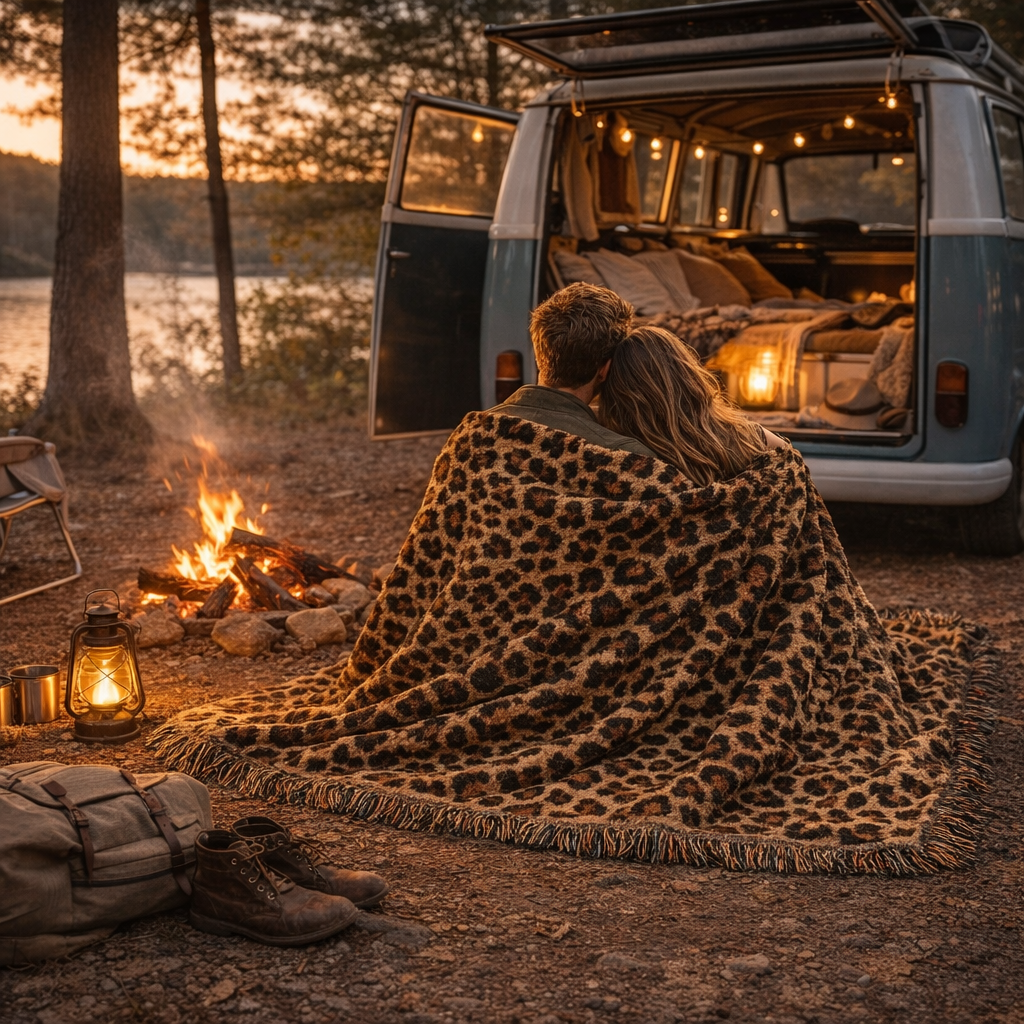 Leopard woven blanket draped over an armchair in a warm neutral living room