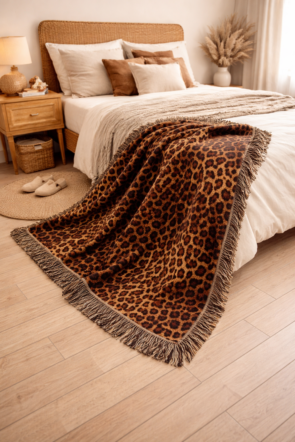 Leopard woven blanket spread across a bed with cream linens