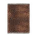 Leopard woven blanket in warm brown and black leopard print, shown flat