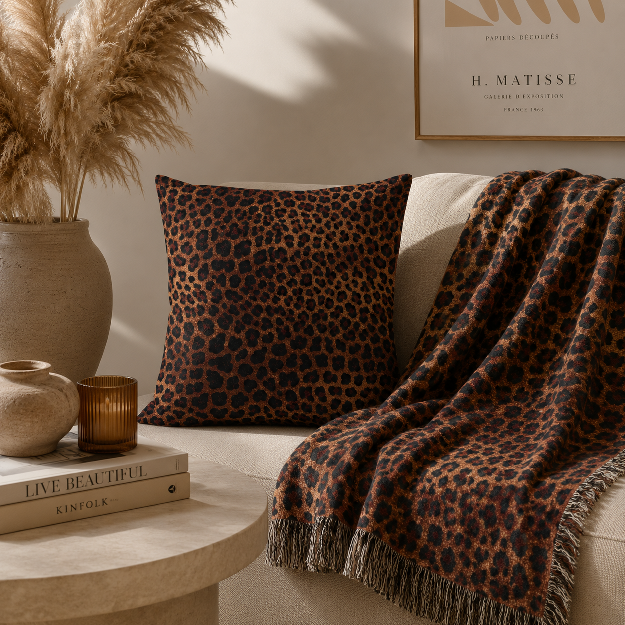 Leopard woven pillow and matching Leopard woven blanket on a cream sofa