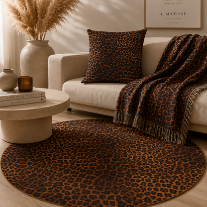 Leopard woven blanket, pillow and round rug styled together in a neutral boho living room