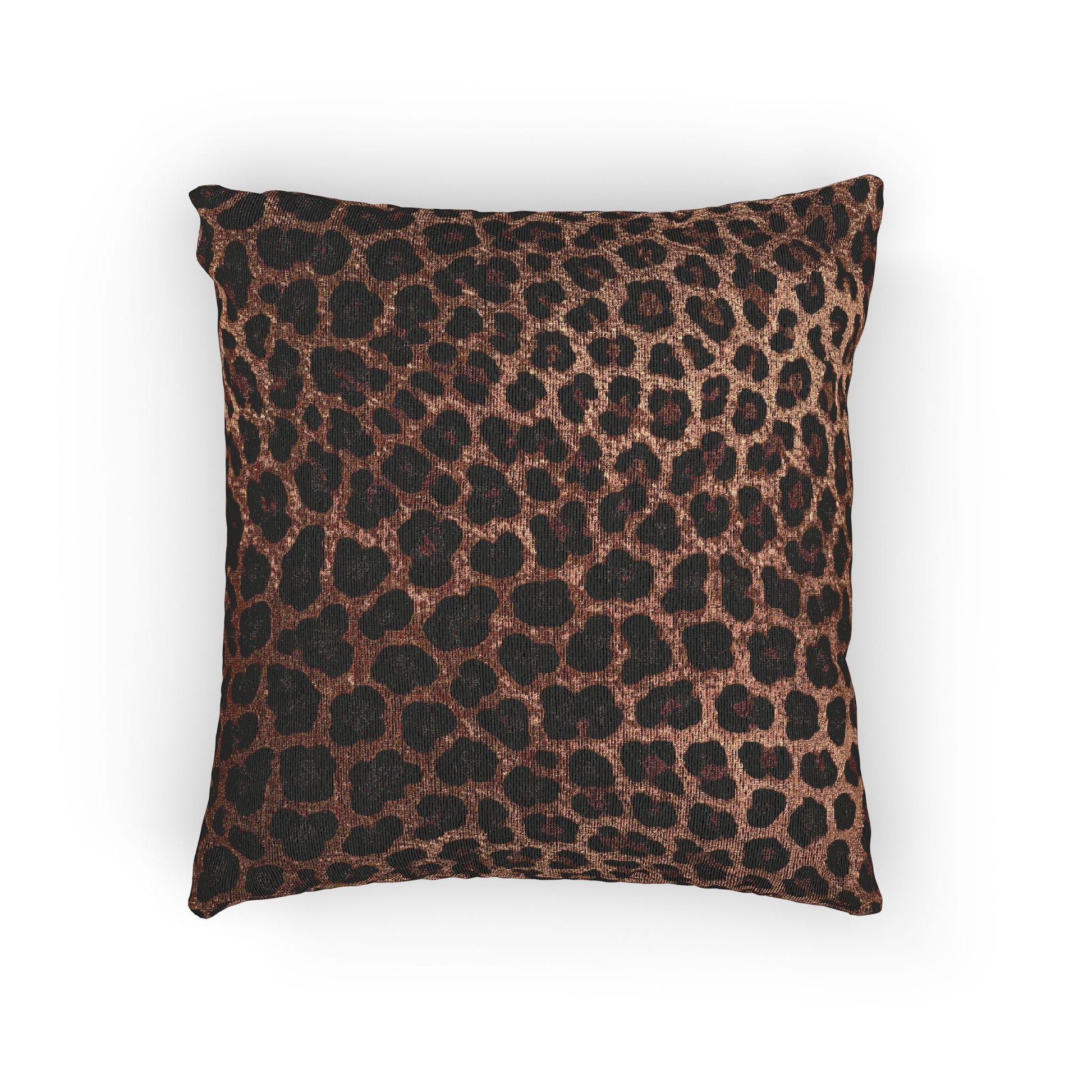 Leopard woven pillow in warm brown and black leopard print, front view