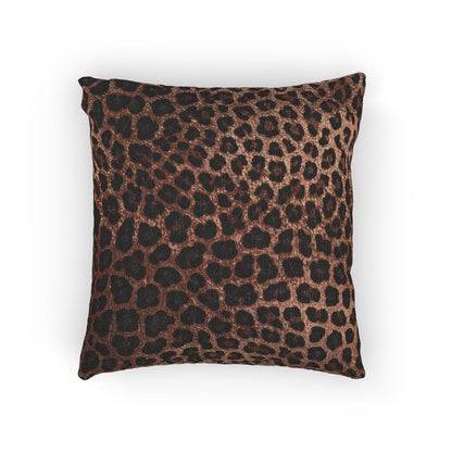 Leopard woven pillow in warm brown and black leopard print, front view