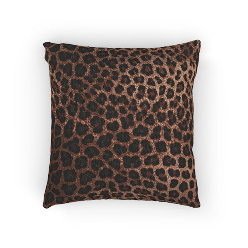 Leopard woven pillow in warm brown and black leopard print, front view