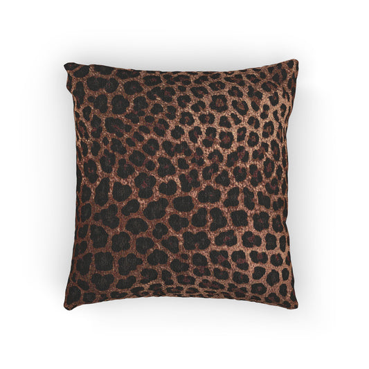 Leopard woven pillow in warm brown and black leopard print, front view