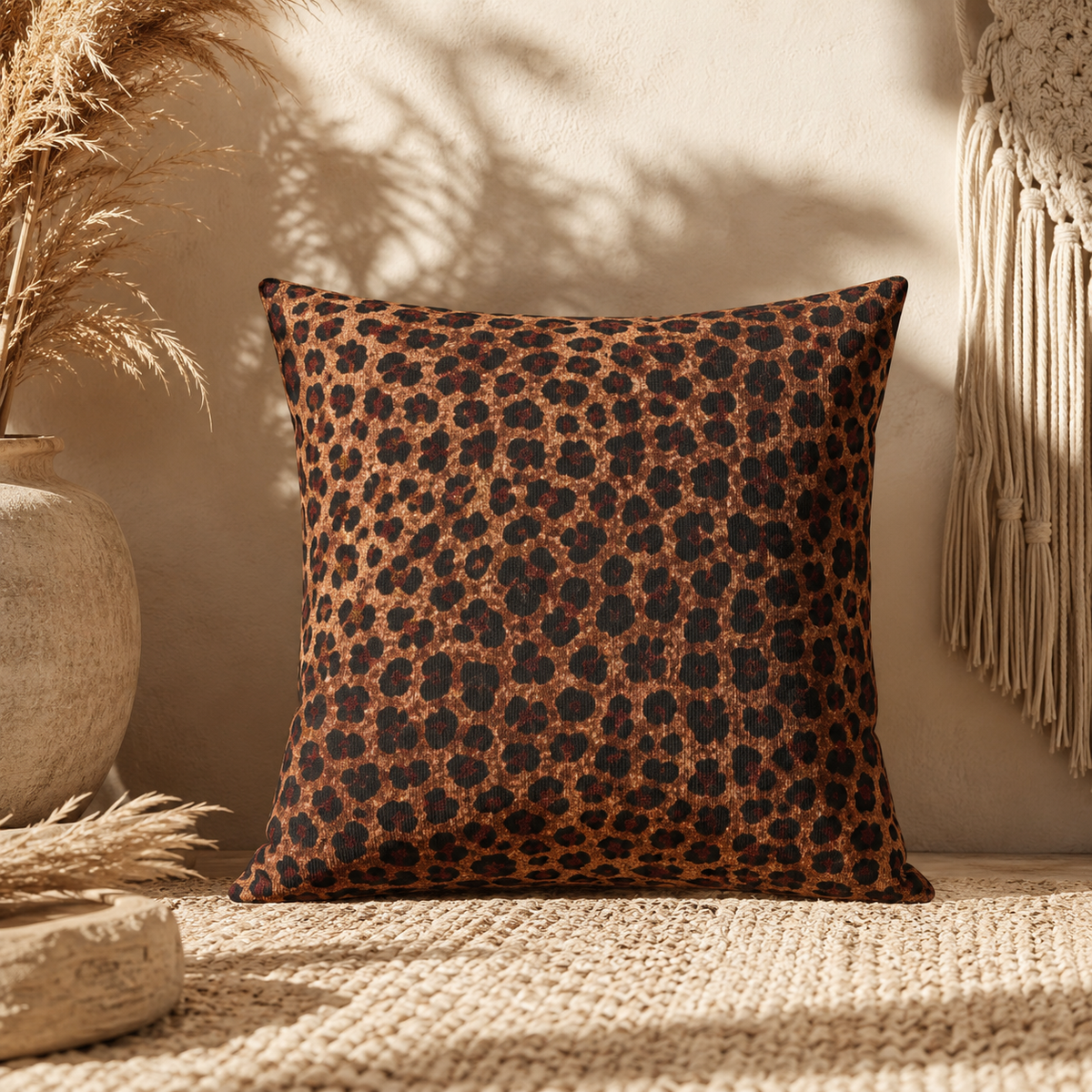 Leopard woven pillow on a jute rug with pampas grass in a neutral interior