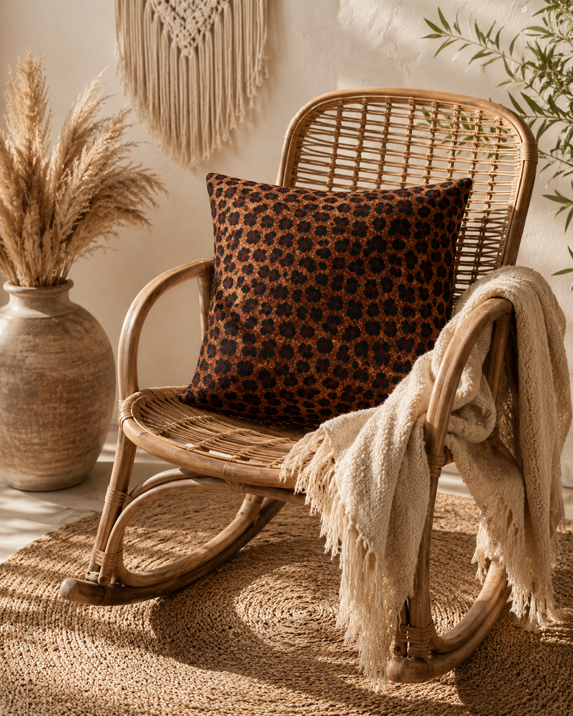 Leopard woven pillow on a rattan chair with pampas grass and a cream throw