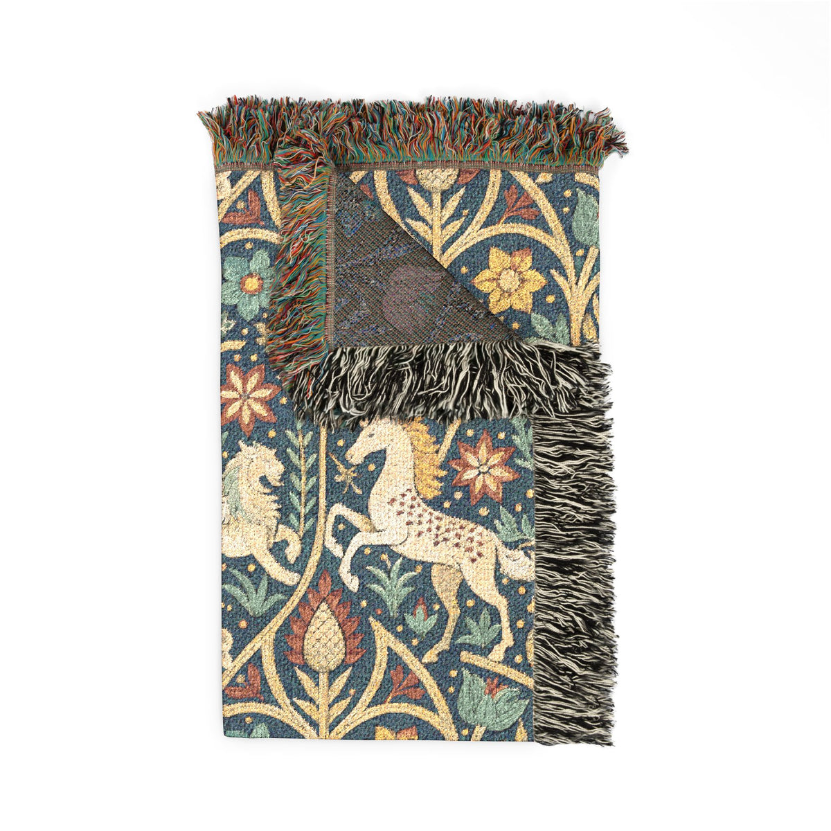 Reverse side of the medieval unicorn tapestry blanket in muted blue-grey