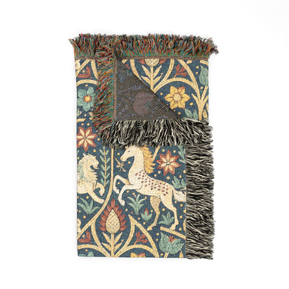 Reverse side of the medieval unicorn tapestry blanket in muted blue-grey