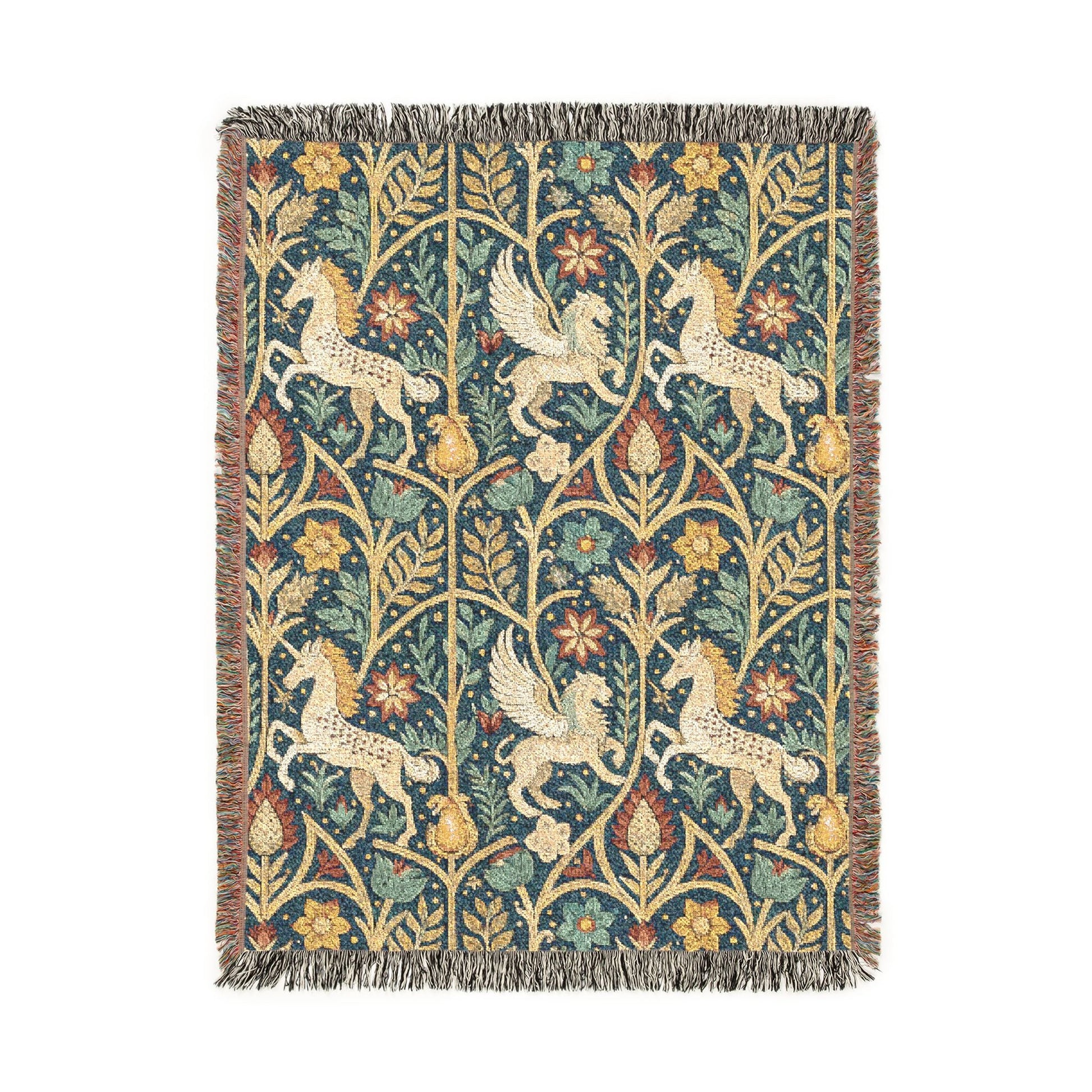 Medieval unicorn tapestry woven blanket with a unicorn in a fenced garden on a dark millefleur ground, shown flat