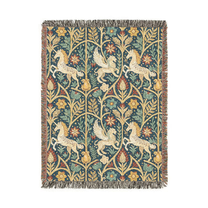 Medieval unicorn tapestry woven blanket with a unicorn in a fenced garden on a dark millefleur ground, shown flat