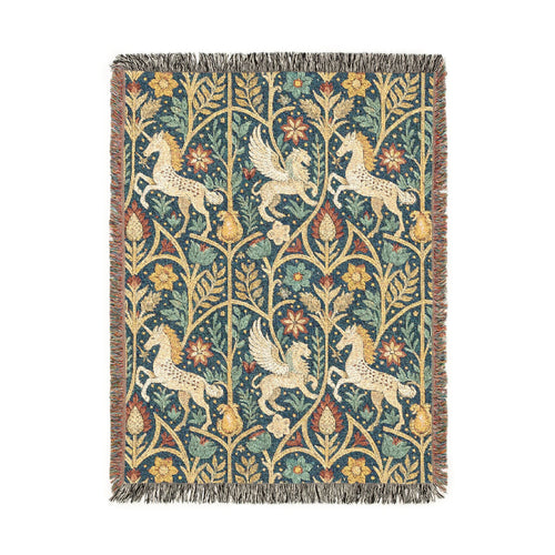 Medieval unicorn tapestry woven blanket with a unicorn in a fenced garden on a dark millefleur ground, shown flat