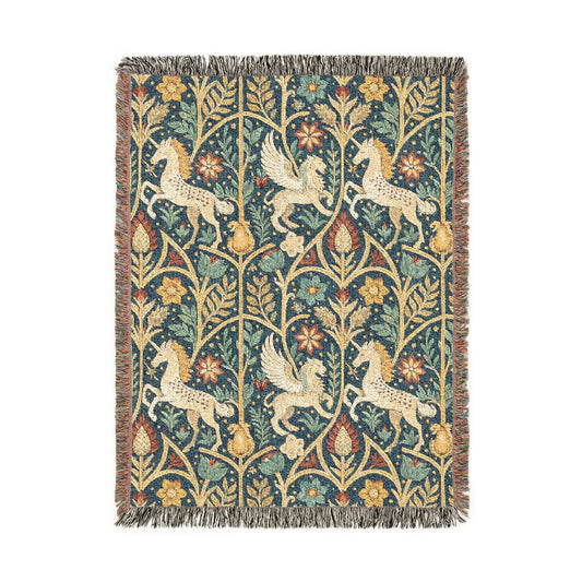 Medieval unicorn tapestry woven blanket with a unicorn in a fenced garden on a dark millefleur ground, shown flat