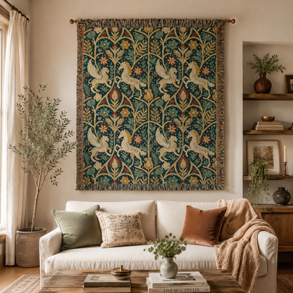 Medieval unicorn tapestry blanket hung on a wall above a bench with two people standing beside it