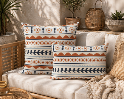 Two Mexican Boho outdoor pillows on a garden sofa with a woven basket and plants