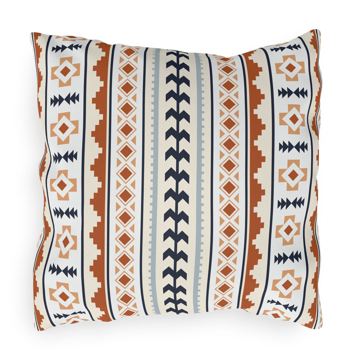 Mexican Boho outdoor pillow in cream with rust, navy and pale blue Aztec stripes, front view