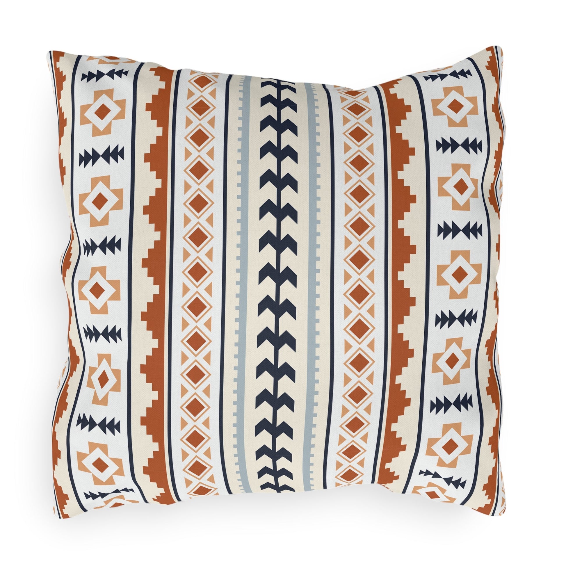 Mexican Boho outdoor pillow in cream with rust, navy and pale blue Aztec stripes, front view