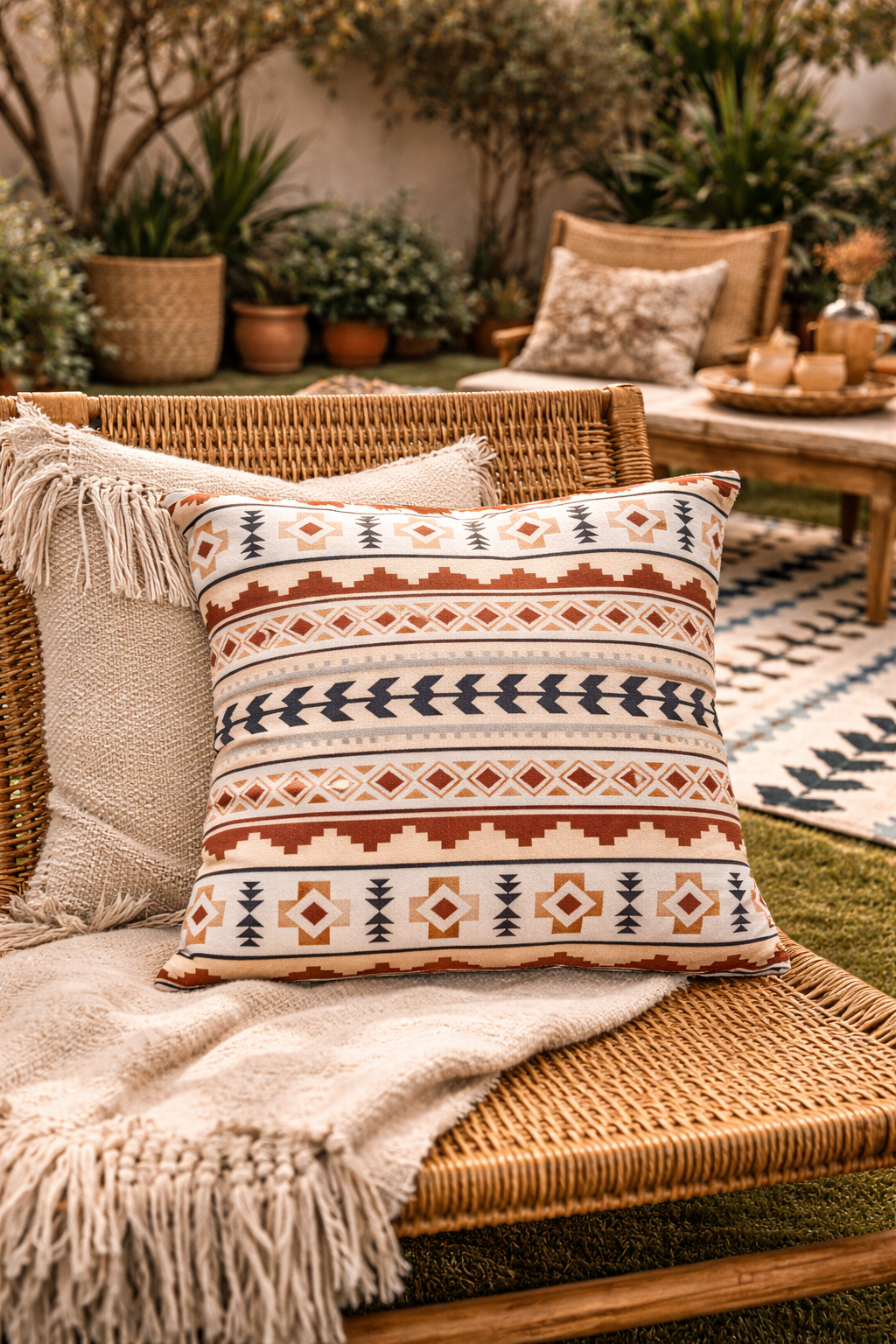 Boho outdoor pillow on a rattan patio sofa with a fringed throw and cacti behind